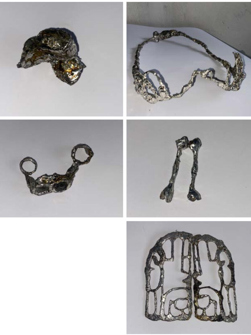 Pět fotek zachycujících konkrétní šperky. Jsou stříbrné a mají hrbolatý povrch.